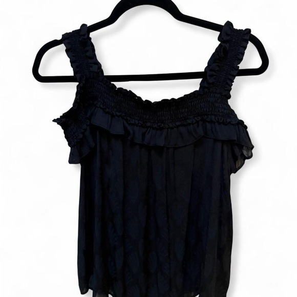 Anthropologie Black Ruffle Leaf Print Off-Shoulder Women's Whimsigoth Flirty Top - Picture 2 of 6